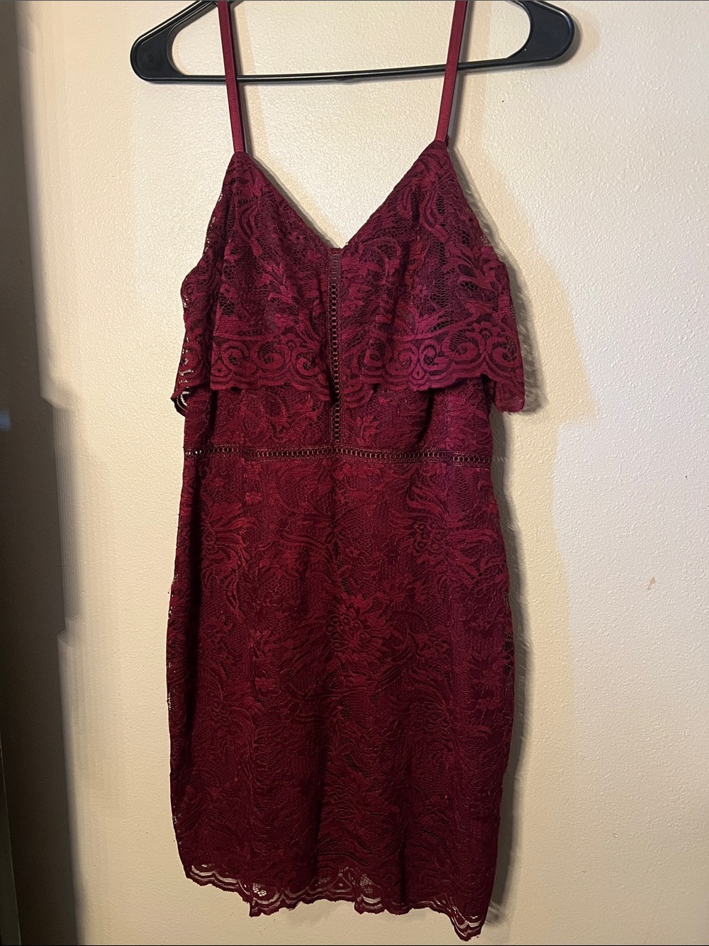 I.N. San Francisco Burgundy Lace Spaghetti Strap Mini Dress